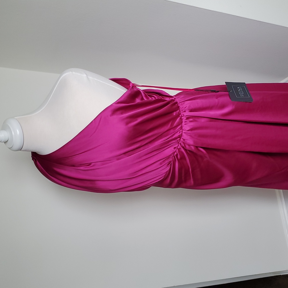 NWT Mac Duggal Gathered One Shoulder Satin Faux Wrap Gown sz 10 - Picture 2 of 11